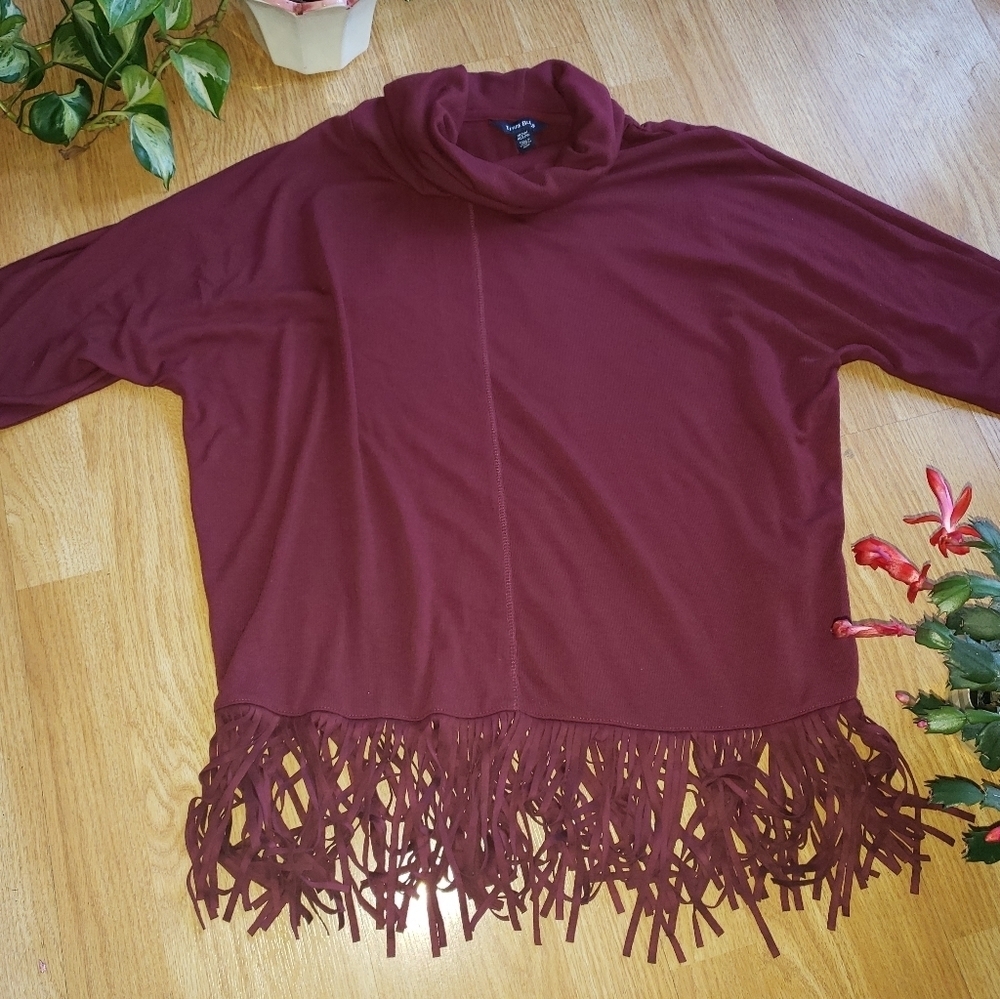 Terre Bleue Sweater Cowl Neck Short Sleeve Boho Fringe Festival Burgundy